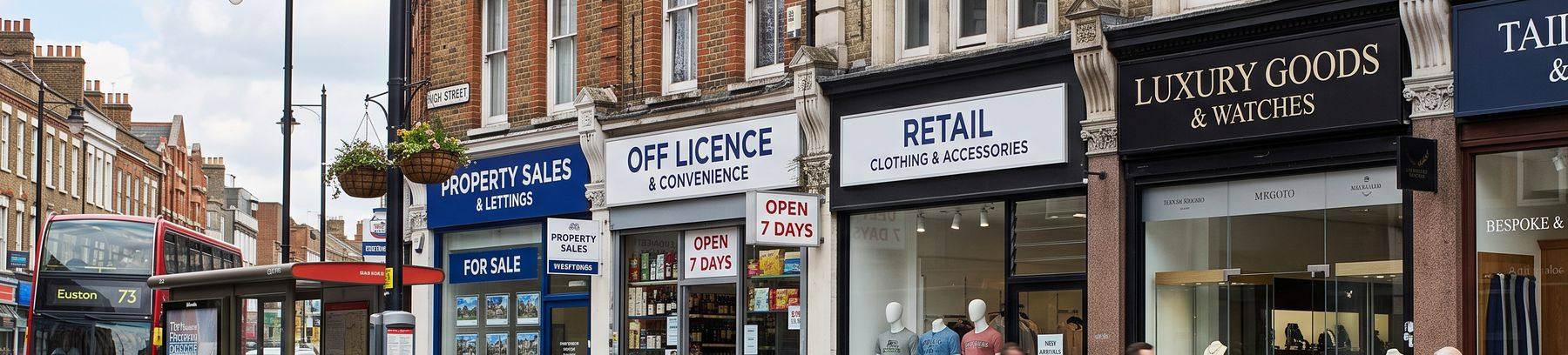 A British high street of independent businesses: lettings, retail, luxury goods and tailoring